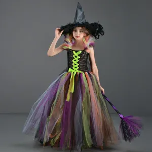 Children's Halloween costumes Girl's long fluffy skirt Carnival Halloween Birthday Banquet Stage Performance Costume Colorful Feather Tulle Dress Magic Fairy Halloween Dress